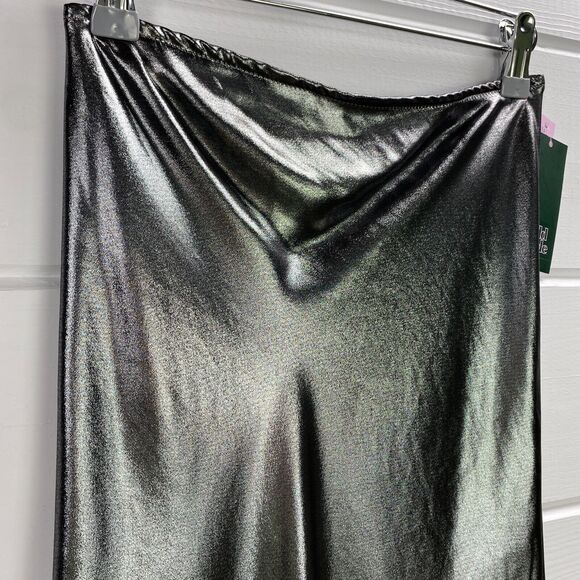 Y2K Metallic Silver Glam Trumpet Maxi Skirt XXS ALine Futuristic Y3K NYE Holiday - Picture 3 of 12